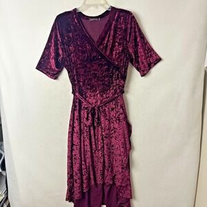 Crazy Train Burgundy Crushed Velvet Faux Wrap Maxi Dress Short Sleeve Womens XXL